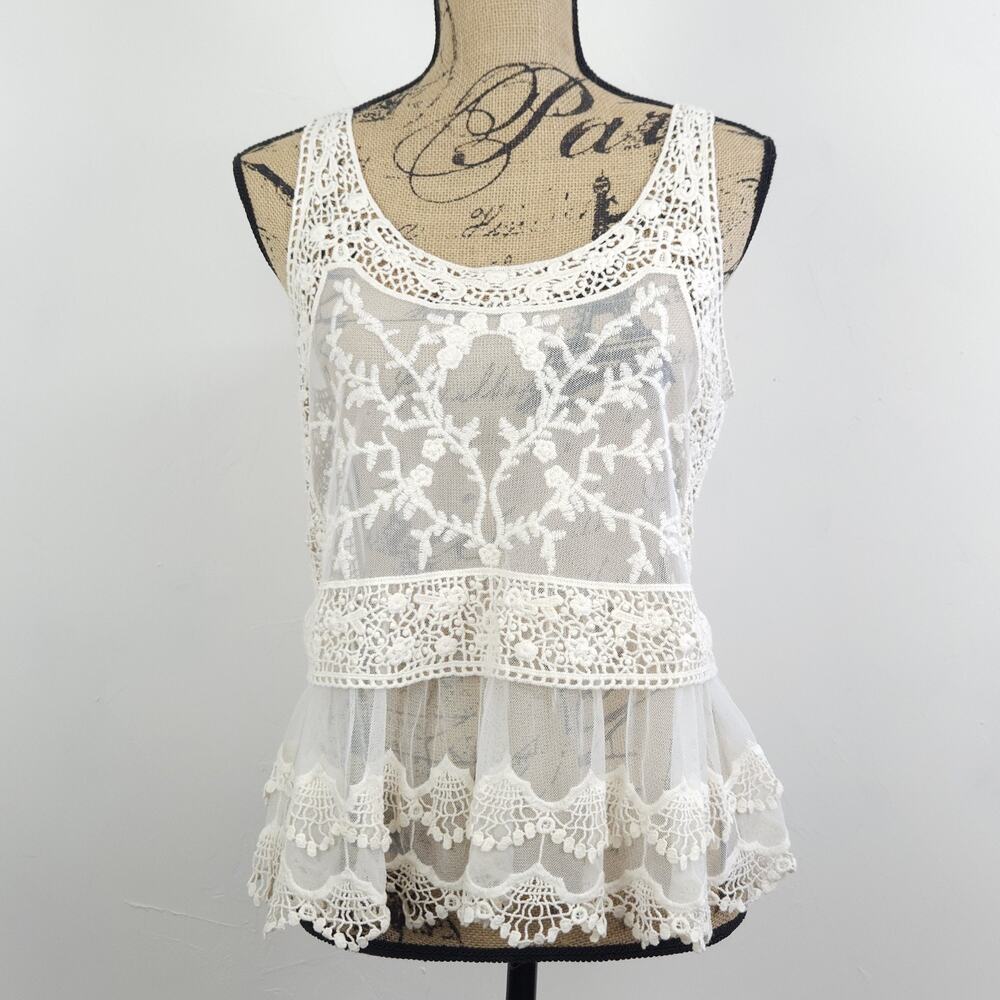 Express Top S Ivory Lace Mesh Peplum Sleeveless Boho Festival Coastal Fairycore - Picture 2 of 9